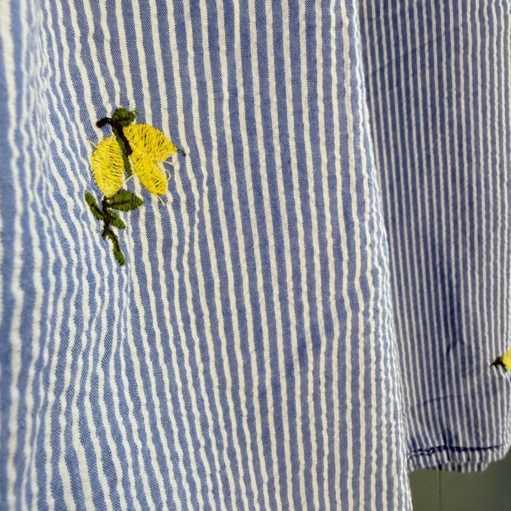 Blue White Striped Lemon Embroidered Midi Skirt Size 12 Cotton Seersucker Preppy - Picture 2 of 7